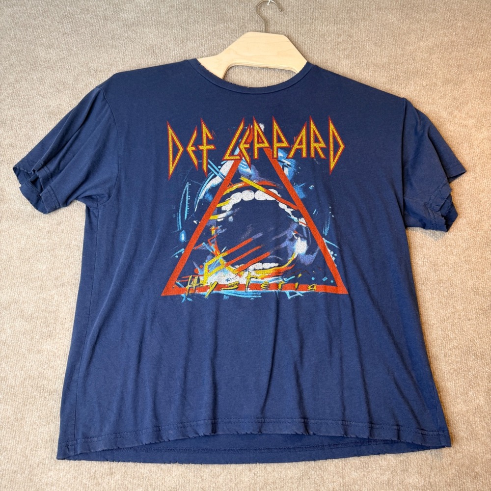 Def Leppard Hysteria Graphic T-Shirt Navy Blue Distressed Rock Band Tee Mens M
